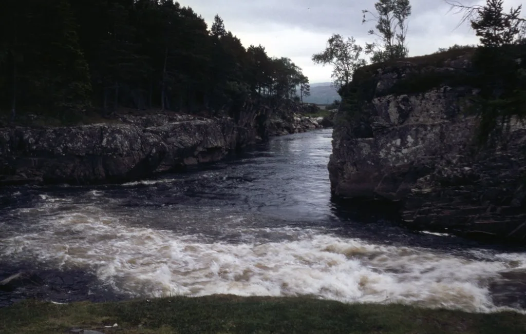 A fast-flowing river churning through a rocky gorge lined with trees near Garve, Scotland.