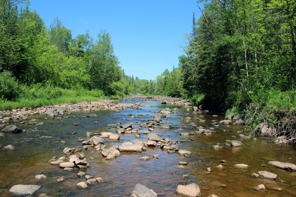 Wide view of the rocky Knife River flowing through forest on the North Shore of Minnesota on a sunny day