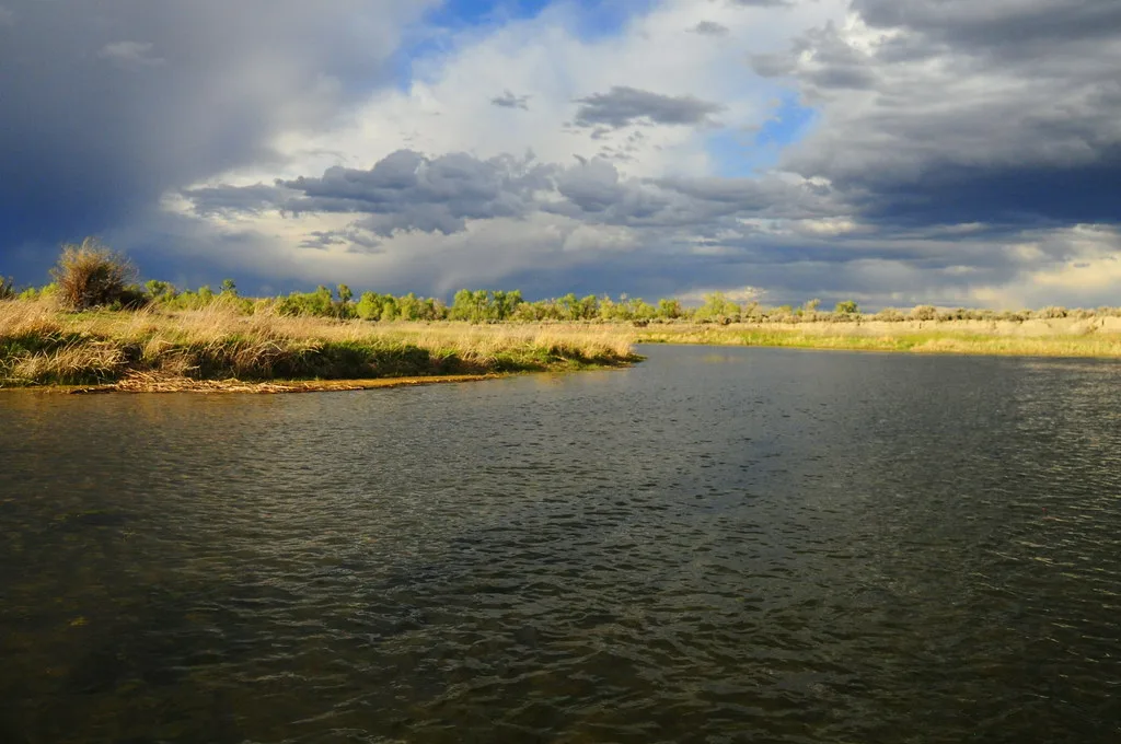 A wide, calm stretch of the Green River bordered by grassy banks under a dramatic stormy sky in Wyoming.