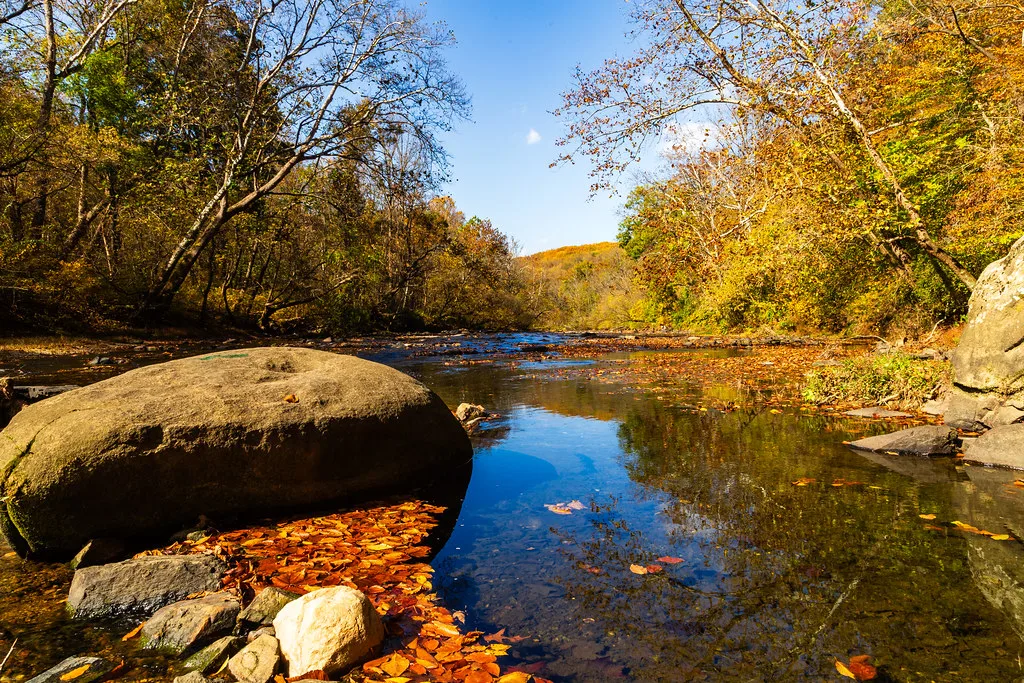 A rocky pool on the Gunpowder Falls river surrounded by autumn foliage, with a large boulder in the foreground.