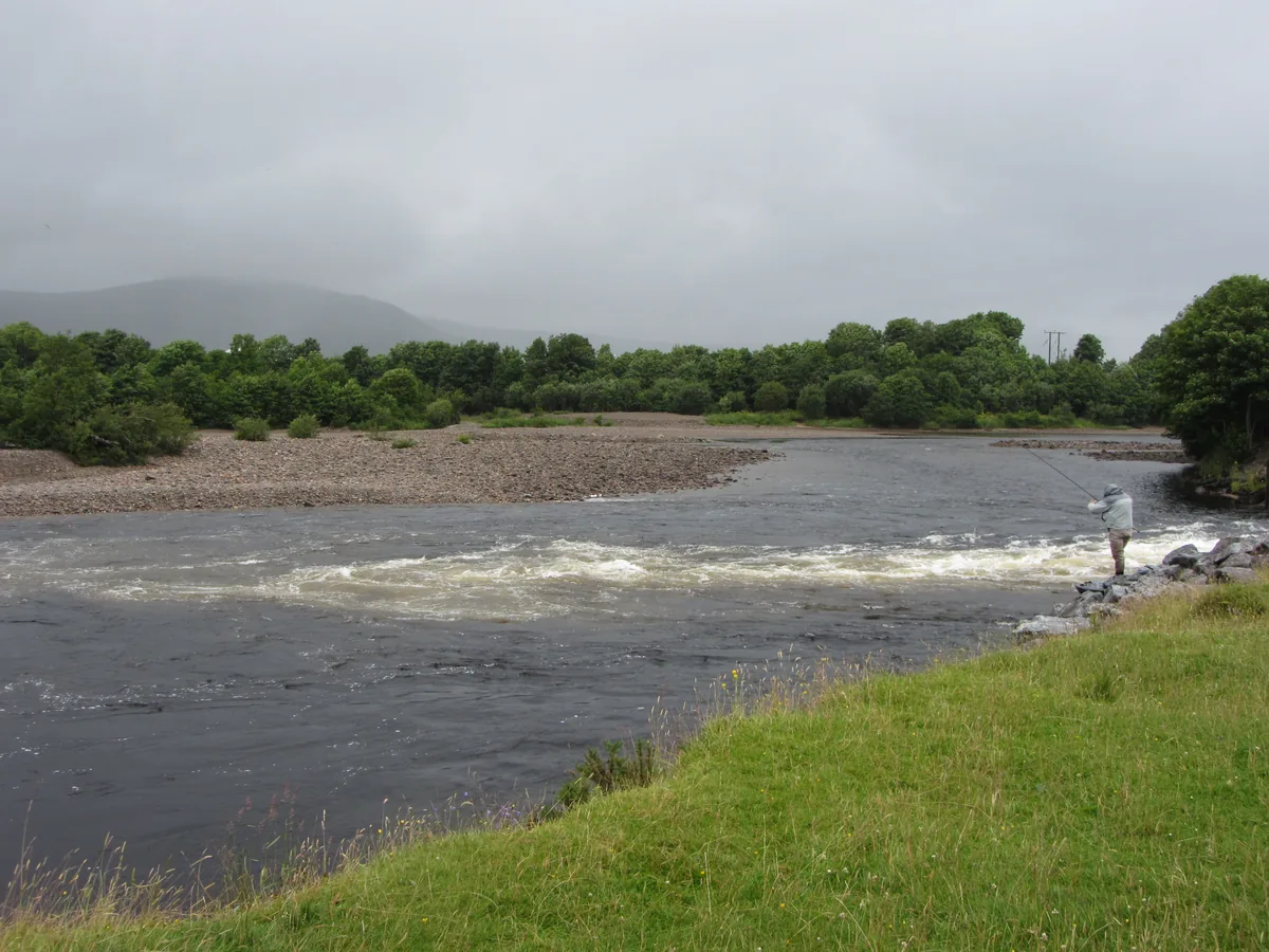 A fly angler fishing the River Lochy, a Highland salmon river near Fort William, Scotland.