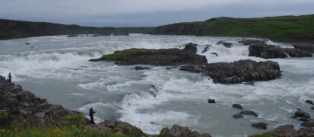A fly angler stands on volcanic rocks casting into the wide, powerful rapids of the Thjorsa river in Iceland, with green hills in the background.