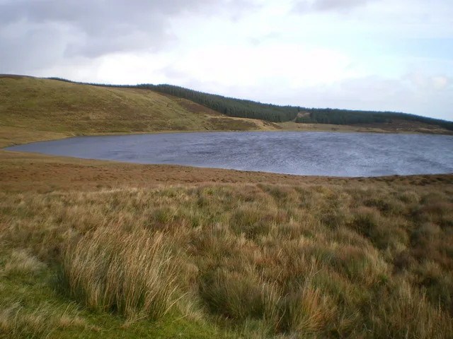 A calm upland lake seen across open moorland, with a band of conifer forestry on the far hillside under a partly cloudy sky.
