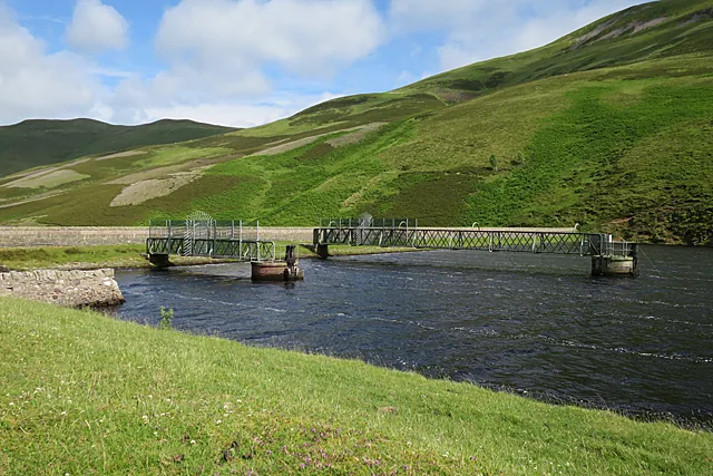 Loganlea Reservoir in the Pentland Hills near Edinburgh, showing calm water and the characteristic twin outlet towers.