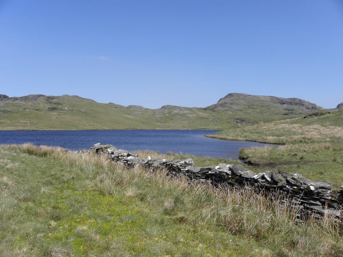 Bright blue upland lake (Llyn Morwynion) behind a dry stone wall, with green hills under a clear sky, Snowdonia.