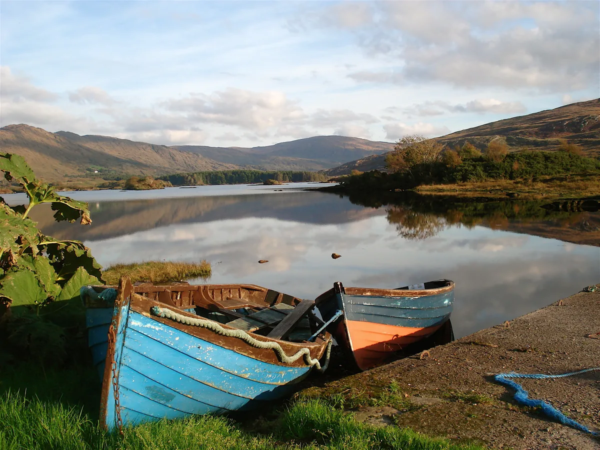 Wide view of Cloonee Loughs surrounded by hills on the Beara Peninsula, County Kerry, Ireland.