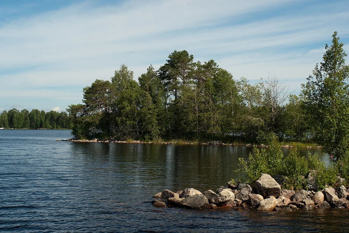 A wooded shoreline on Lake Oulujärvi in Finland's Kainuu region