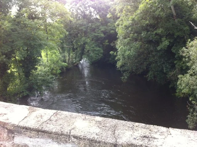 The Drumcliff River flowing dark and peaty beneath overhanging trees, viewed from a stone bridge, County Sligo.