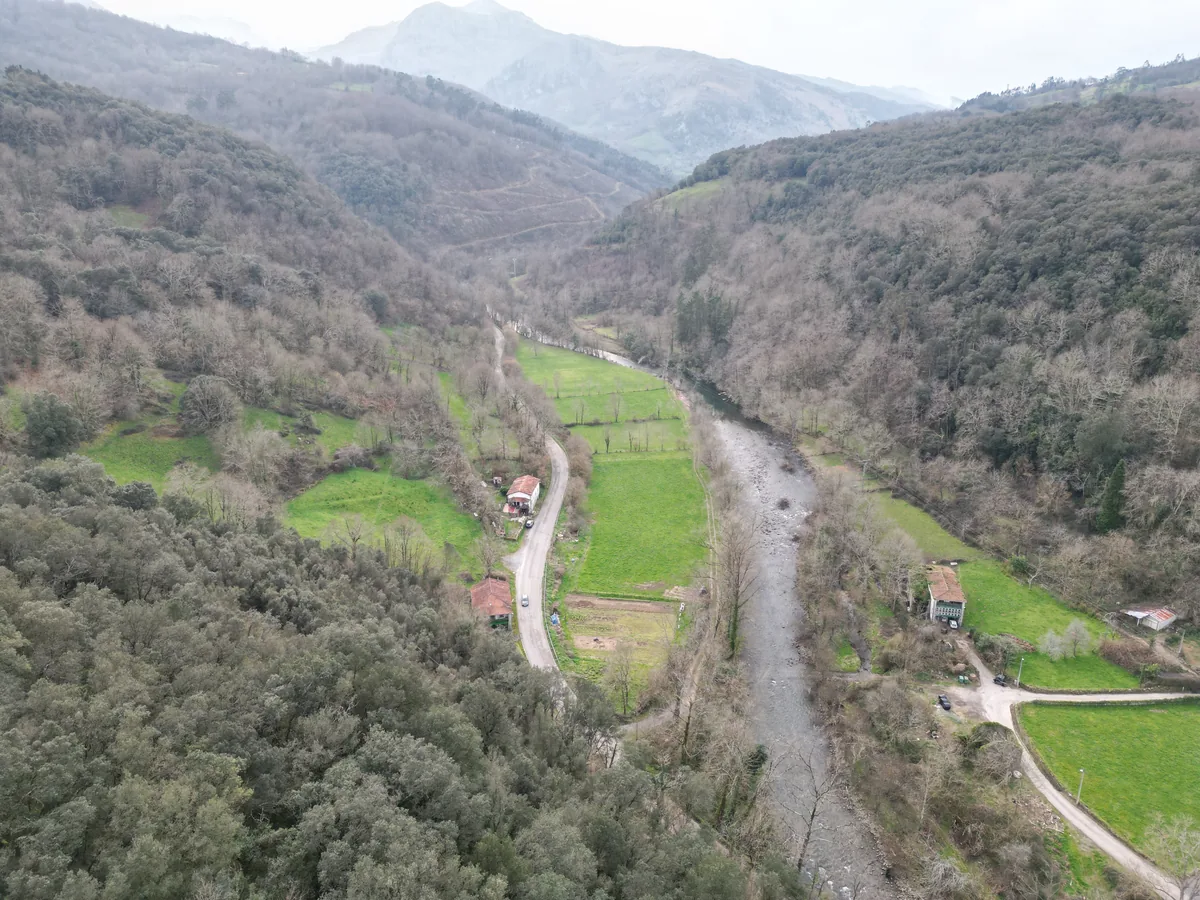 An aerial view of the Asón river winding through a green wooded valley with farmhouses and mountains in the background, in Ruesga, Cantabria, Spain.