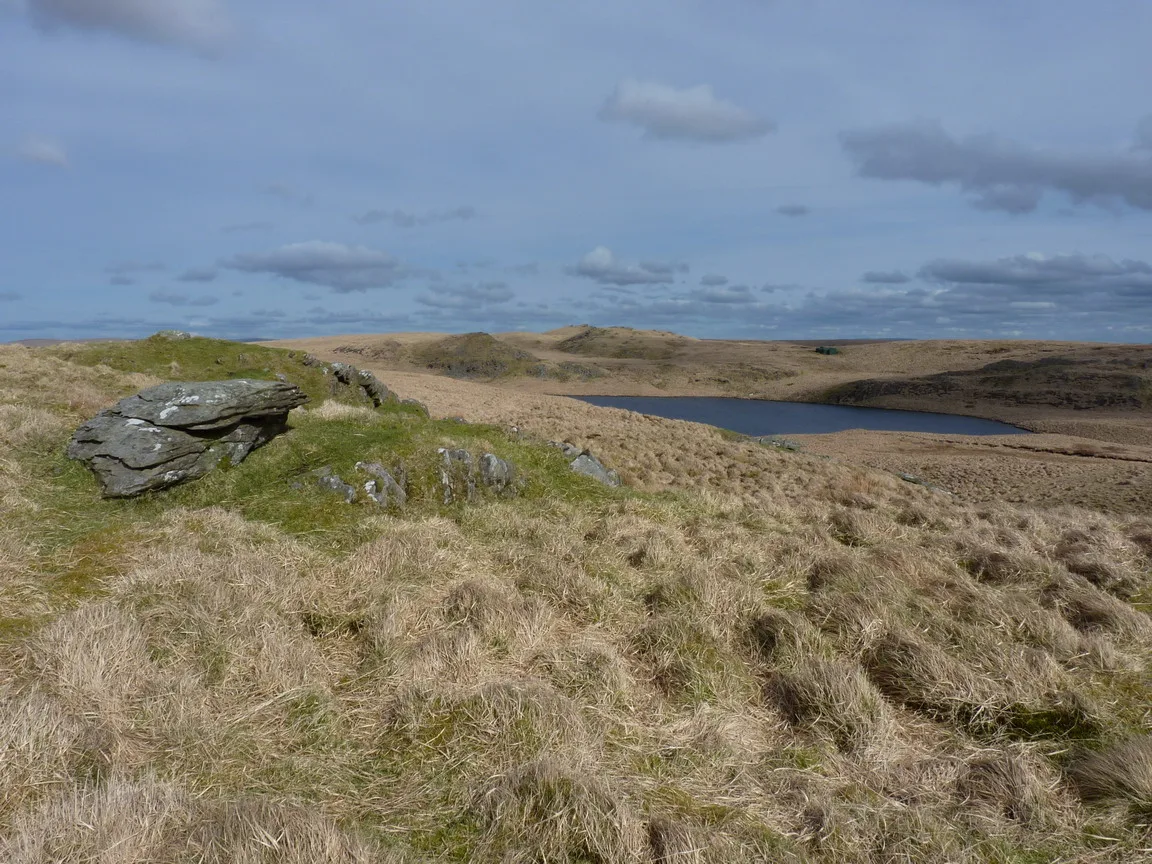 A remote upland lake seen from a rocky, grassy hilltop, with open moorland stretching to the horizon under a partly cloudy sky.