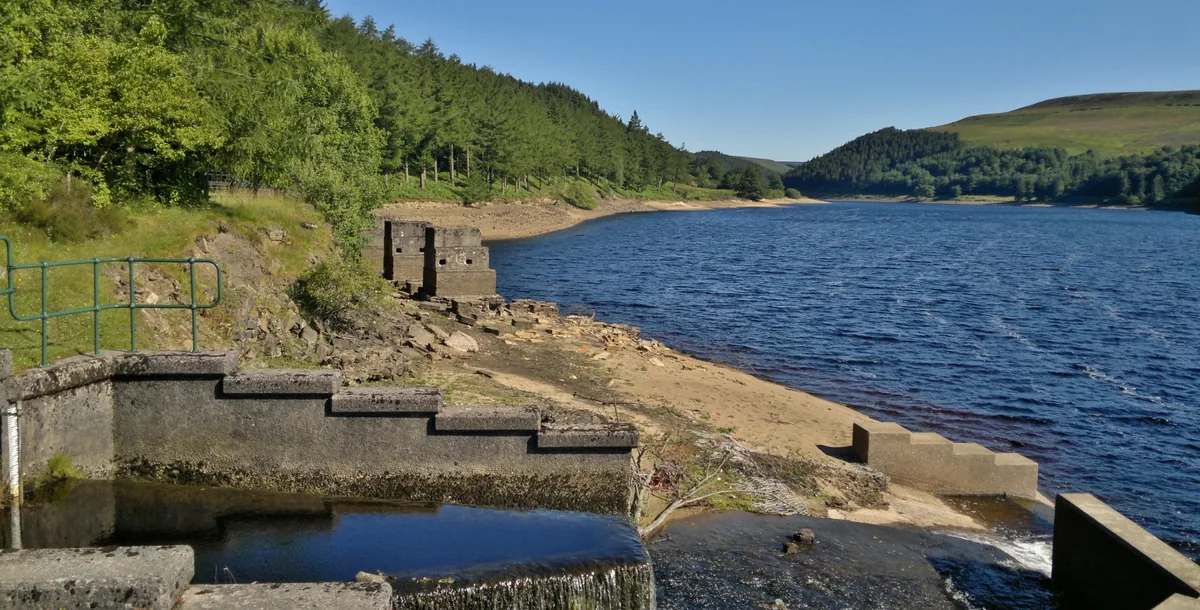 Derwent Reservoir looking south across open water toward wooded hillsides, Derbyshire