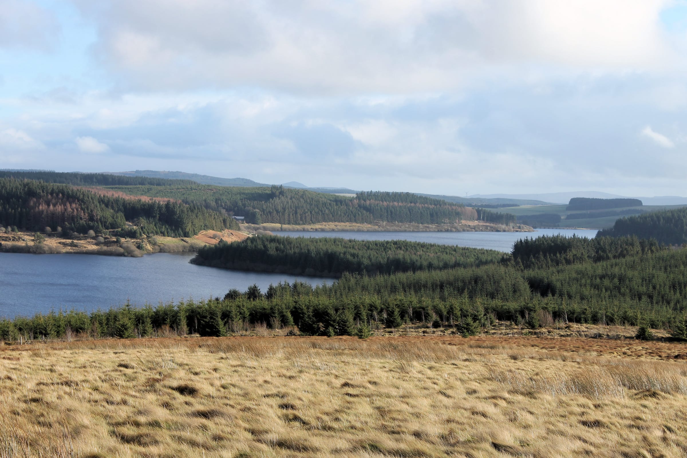 Llyn Alwen reservoir in Conwy, North Wales, the open water and surrounding landscape in winter light.