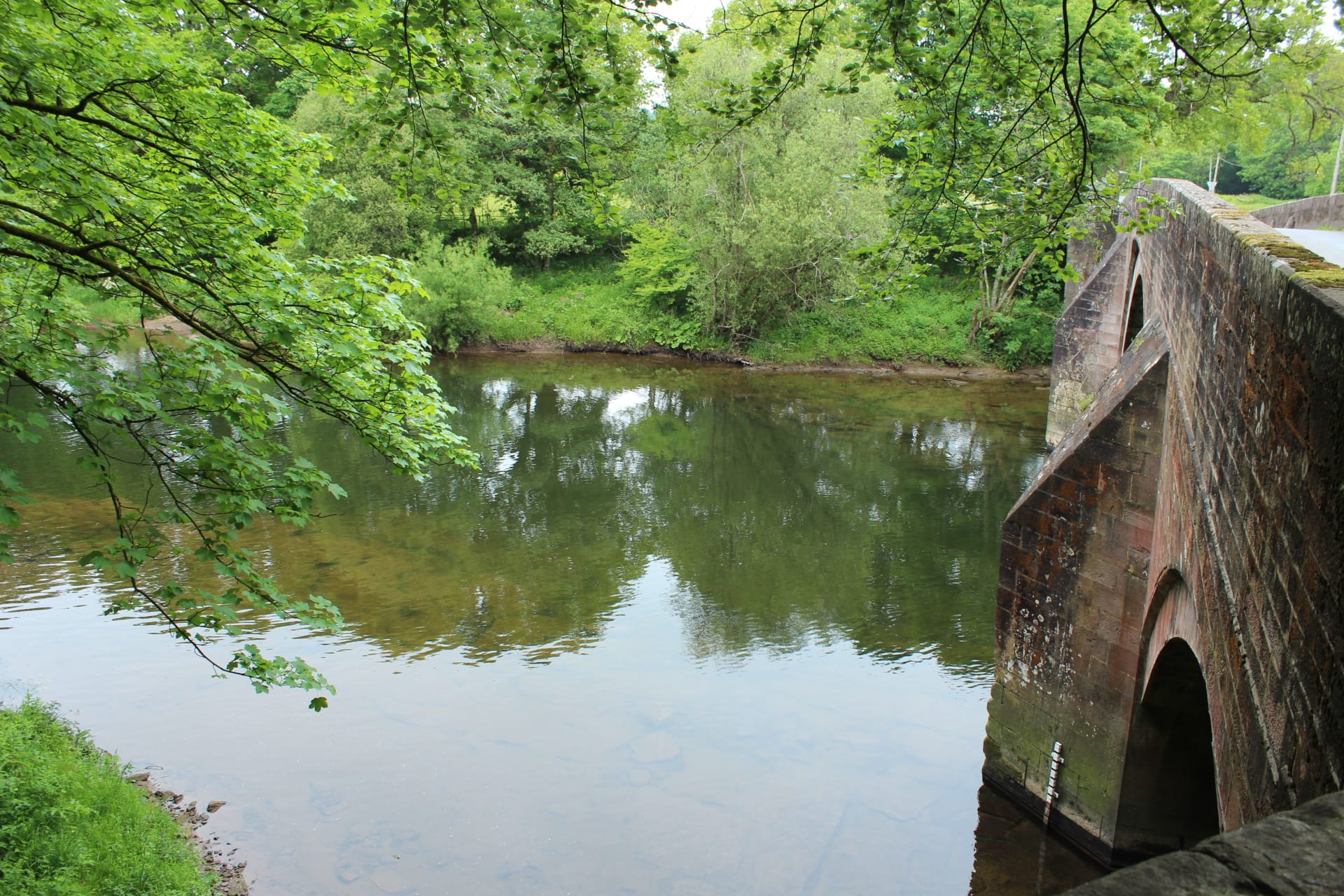 The River Annan at Hoddom Bridge, fast clear summer water over gravel with wooded banks.