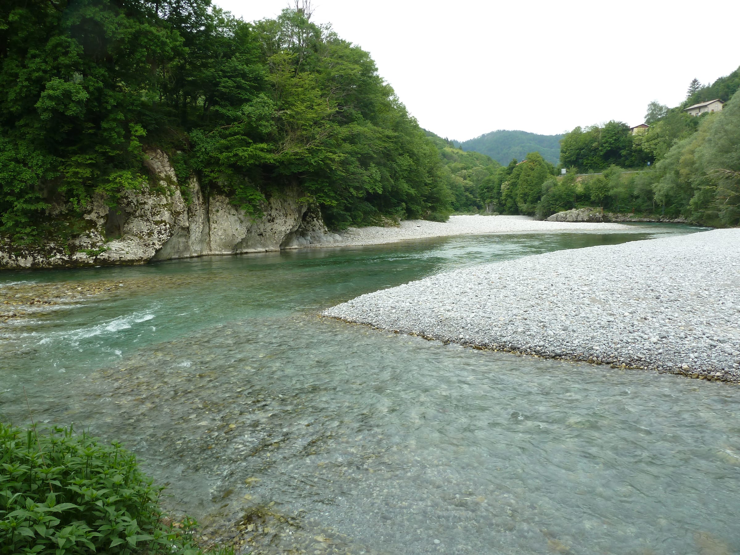 A wide turquoise river with a sweeping white gravel bar, flanked by limestone bluffs and dense forest.