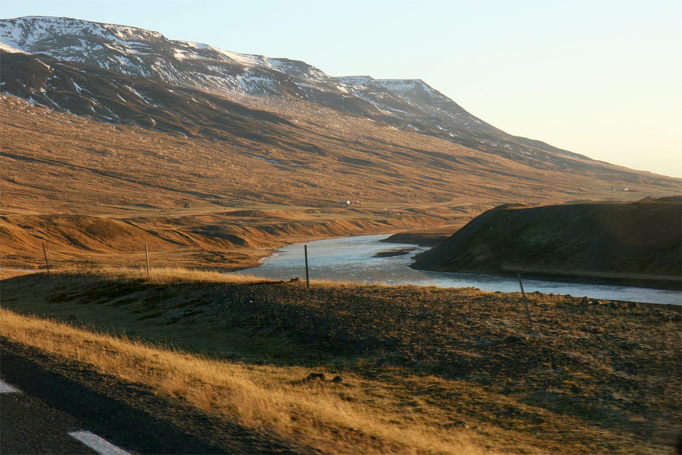 The Blanda river flowing beneath Langadalsfjall mountain in the upper valley, north Iceland.