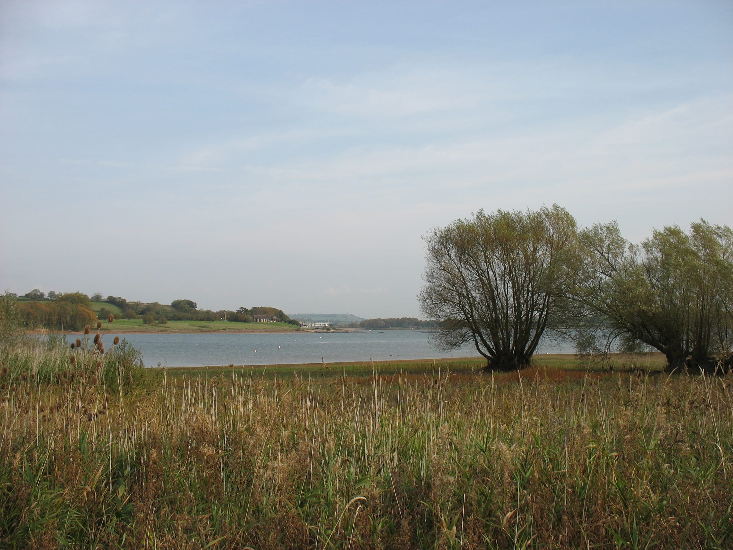 Wide view of Chew Valley Lake from Nunnery Point with Woodford Lodge on the far bank and open water.