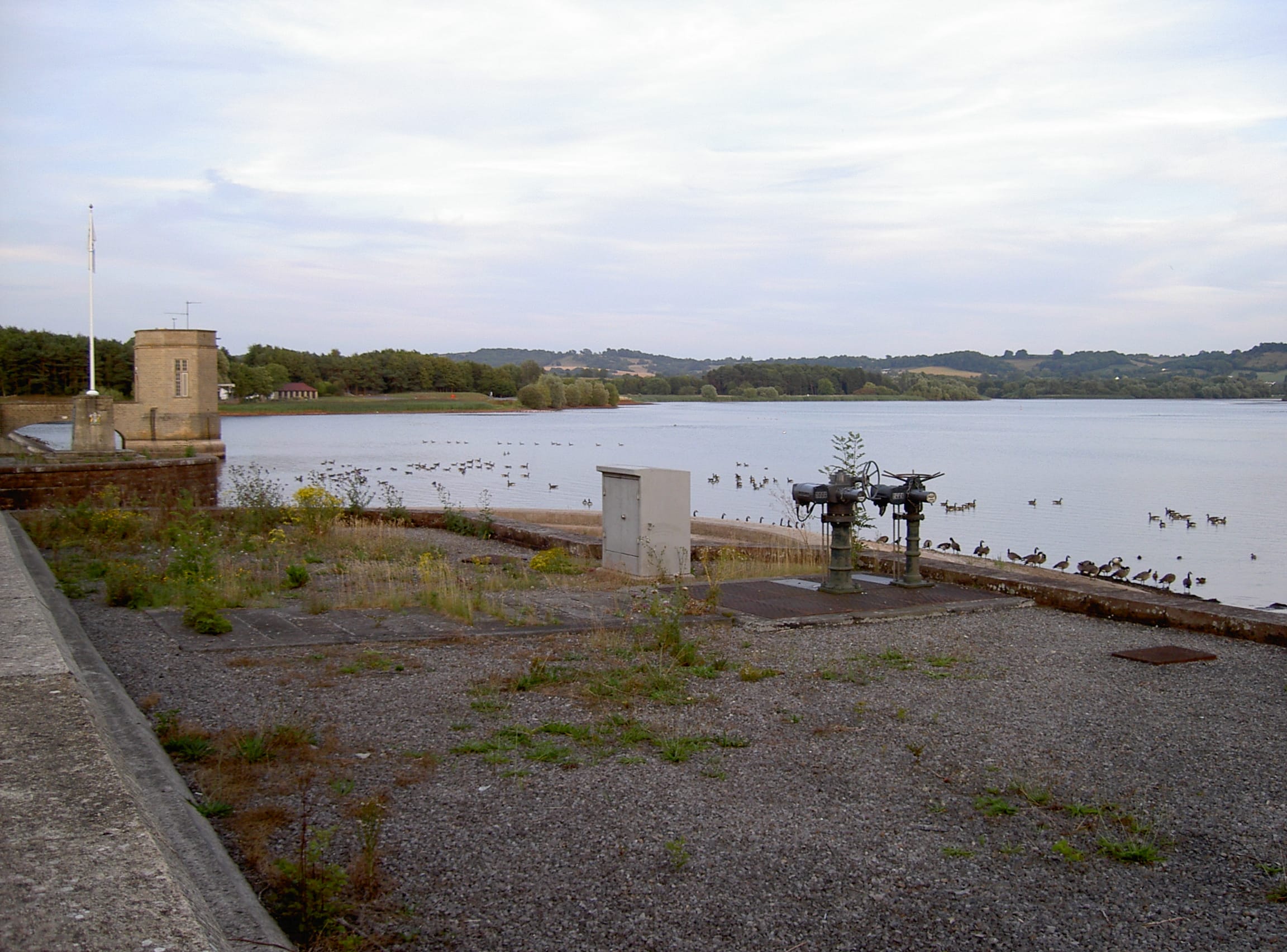 North shore of Chew Valley Lake in summer with open water and the low Mendip fringe behind.
