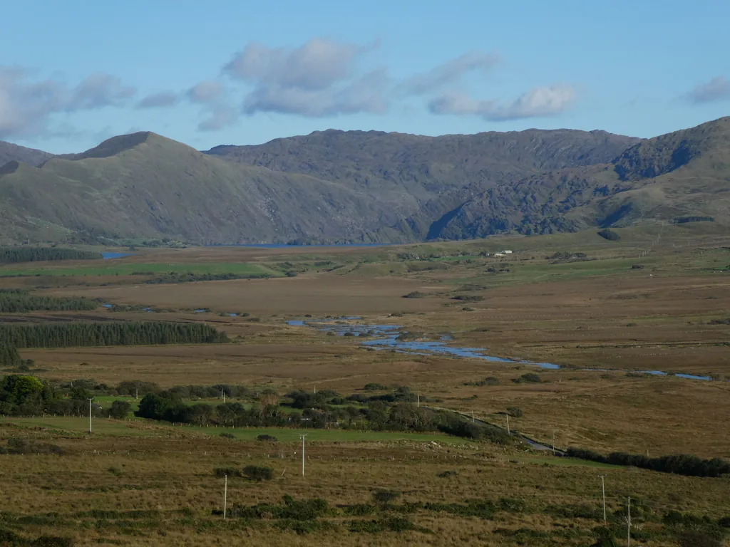 Wide view of the Cummeragh River valley on the Iveragh Peninsula, County Kerry, Ireland.