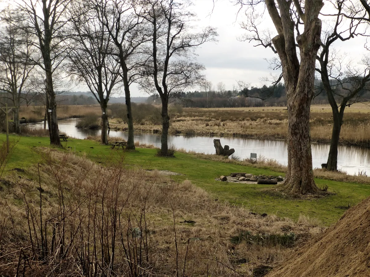 The Gudenå river winding through a grassy meadow near Resenbro, Denmark, lined with bare trees