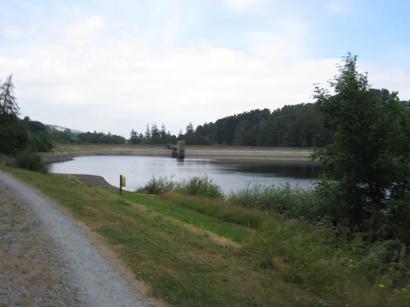 View across Bohernabreena Reservoir surrounded by forested hills in the Dublin Mountains.
