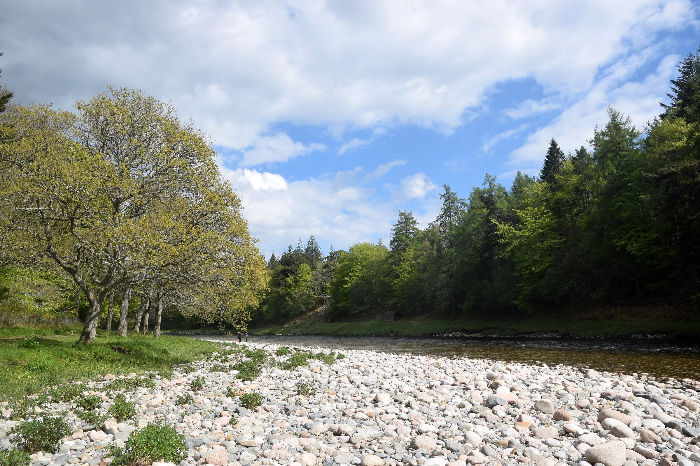 A wide shingle beach on the River Dee at Aboyne with clear water and forested hills beyond.