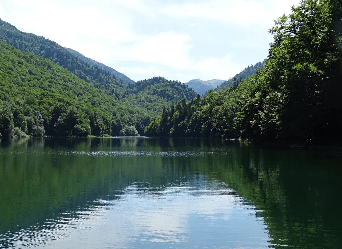 The still, forest-ringed waters of Crno Jezero (Black Lake) in Durmitor National Park, Montenegro, with mountains behind.