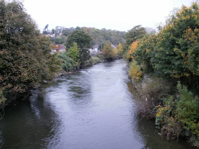 The River Ogmore flowing through a rural stretch near Bridgend, South Wales.