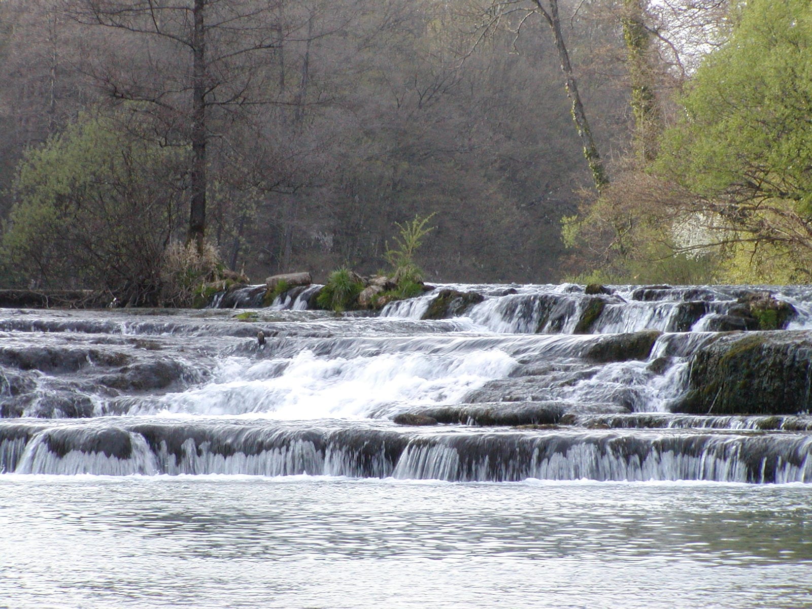 A tufa barrier across the Krka at Žužemberk, the river flowing over the natural dam.