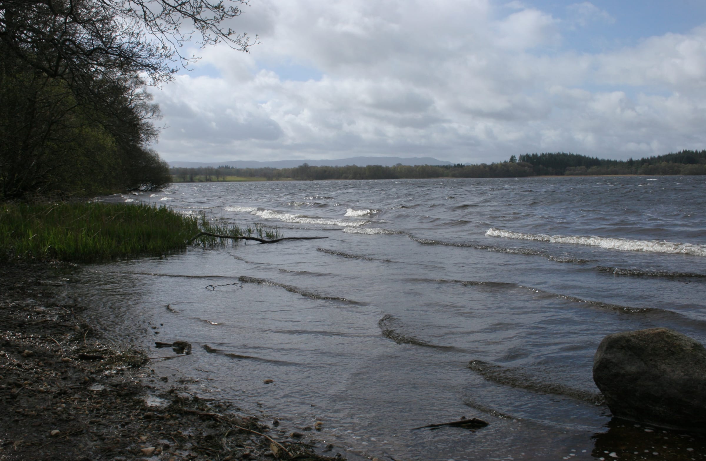 The open surface of the Lake of Menteith under a stiff wind, choppy water viewed from near Port of Menteith.