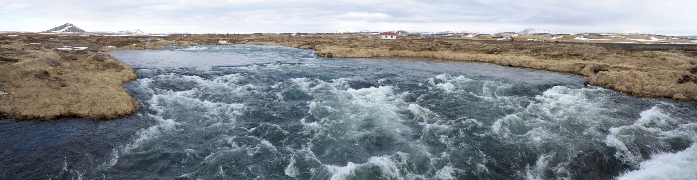 Wide panorama of the Laxá river at the Road 848 bridge near Reykjahlíð, Mývatn, north Iceland.