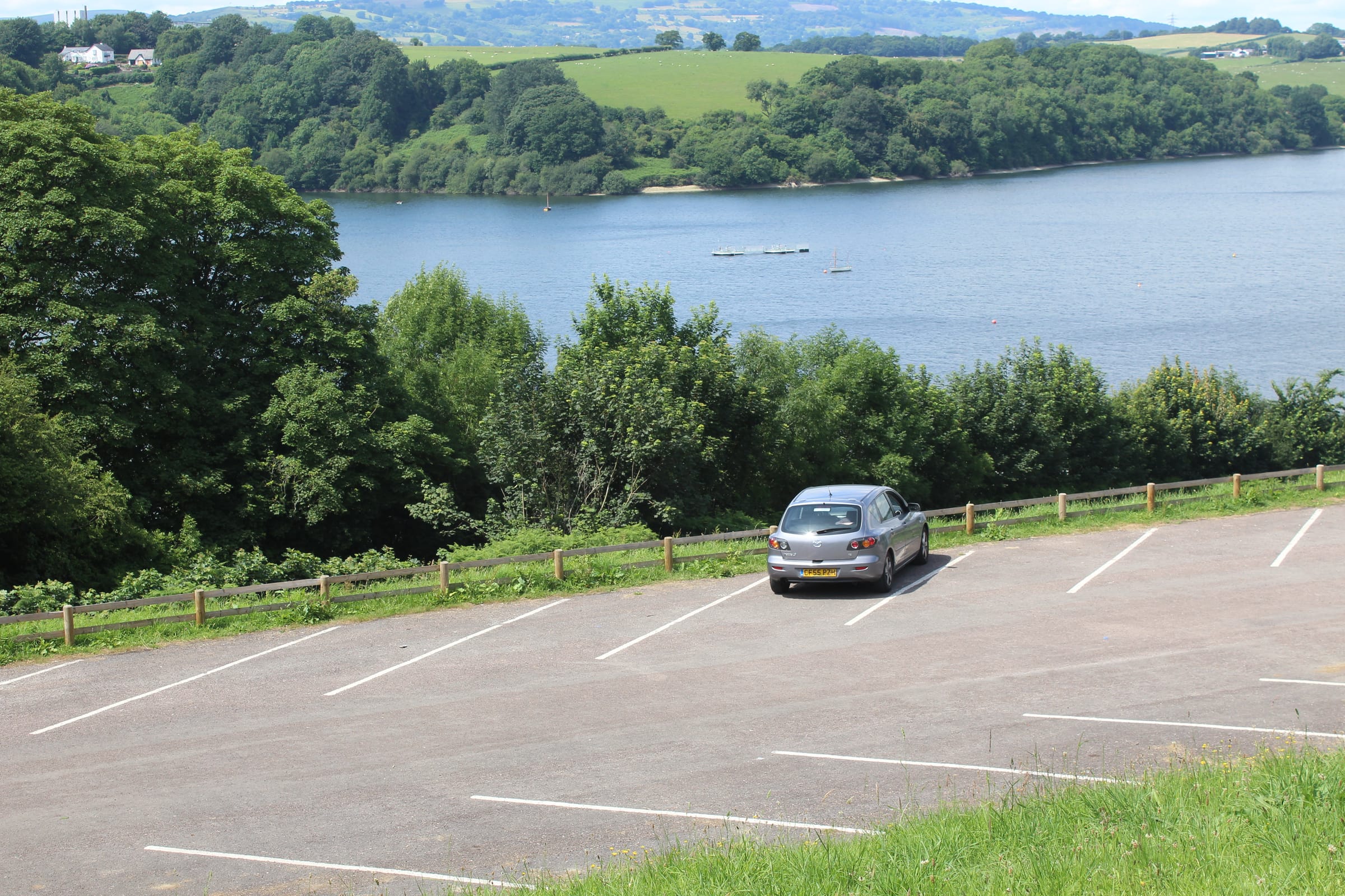 The southern basin of Llandegfedd Reservoir looking north-northwest, with Sluvad Wood on the far shore.