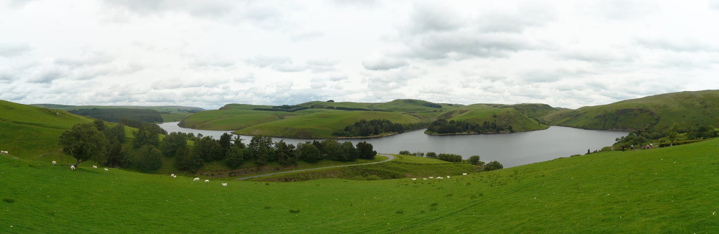 Ultra-wide panoramic view of Llyn Clywedog reservoir stretching into the Cambrian Mountains, forested hillsides flanking the water.