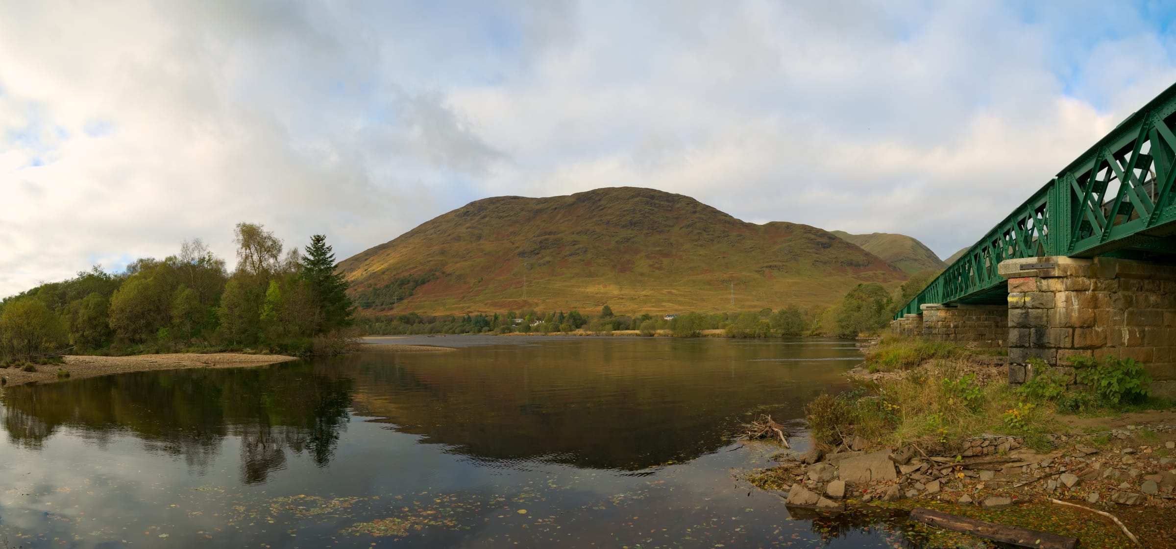 Panoramic view of Loch Awe with the West Highland Line viaduct over the River Orchy, Argyll.