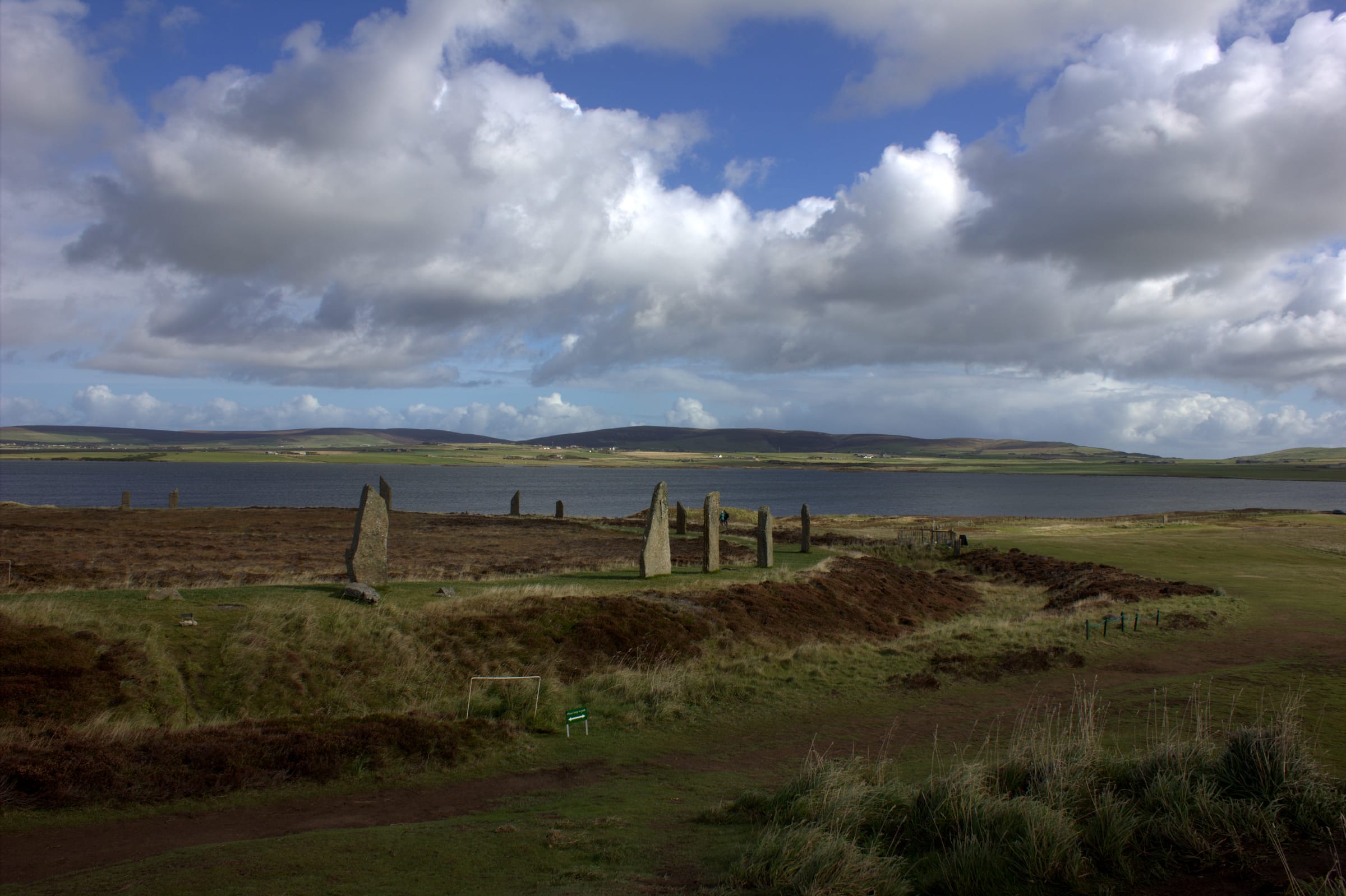 Open water of Loch of Harray viewed from the Ring of Brodgar isthmus under an overcast Orkney sky.