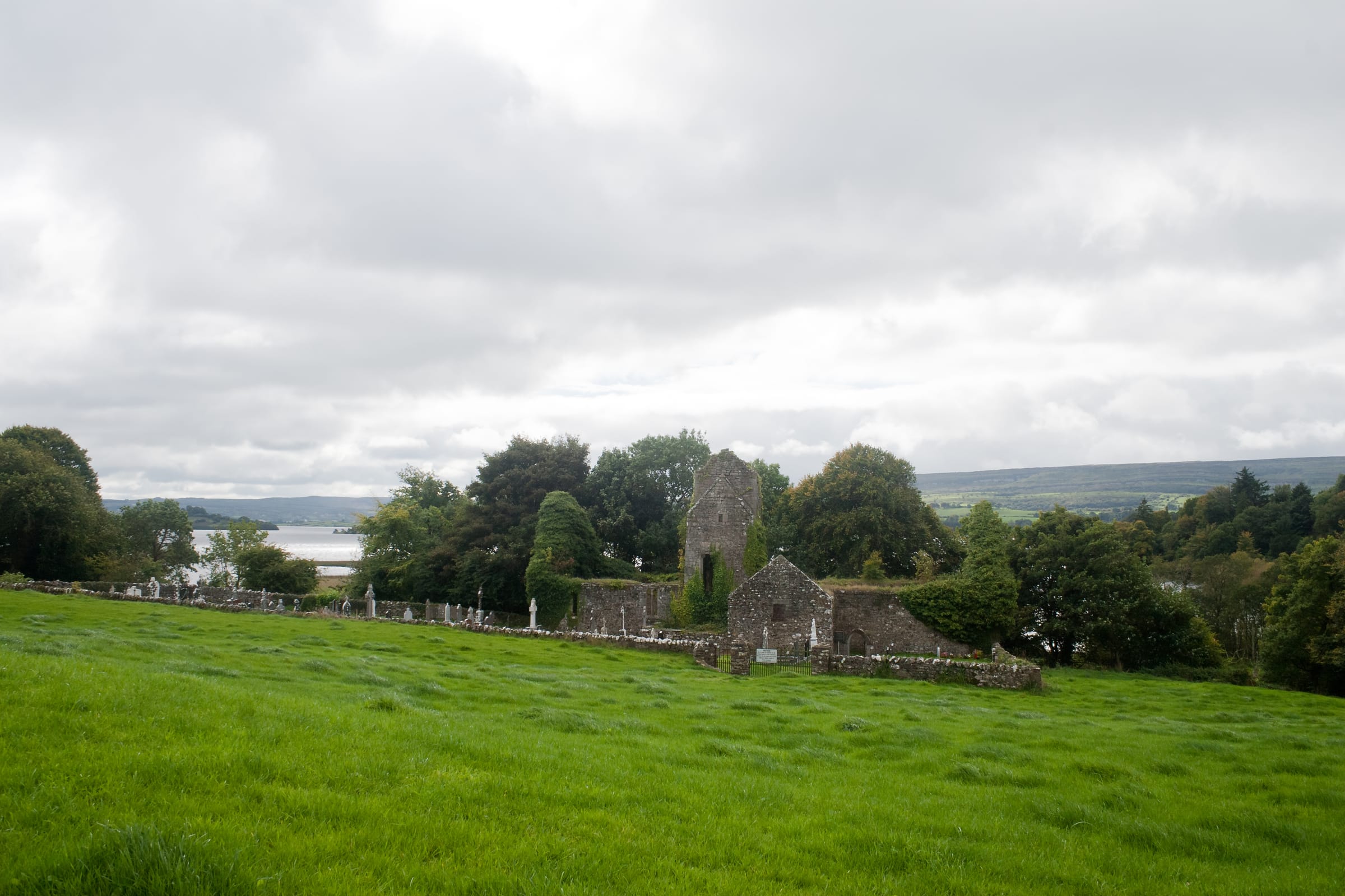 Ballindoon Priory ruins with Lough Arrow stretching behind, County Sligo.