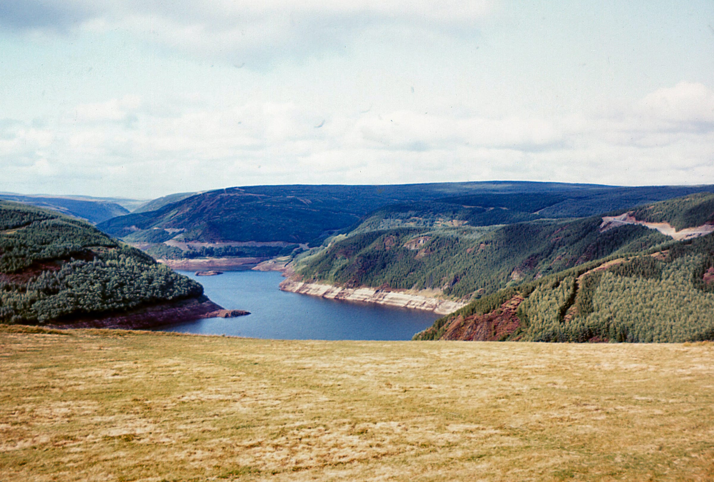 Broad landscape view of Llyn Brianne Reservoir looking north, open water in the foreground and moorland and woodland rising around.